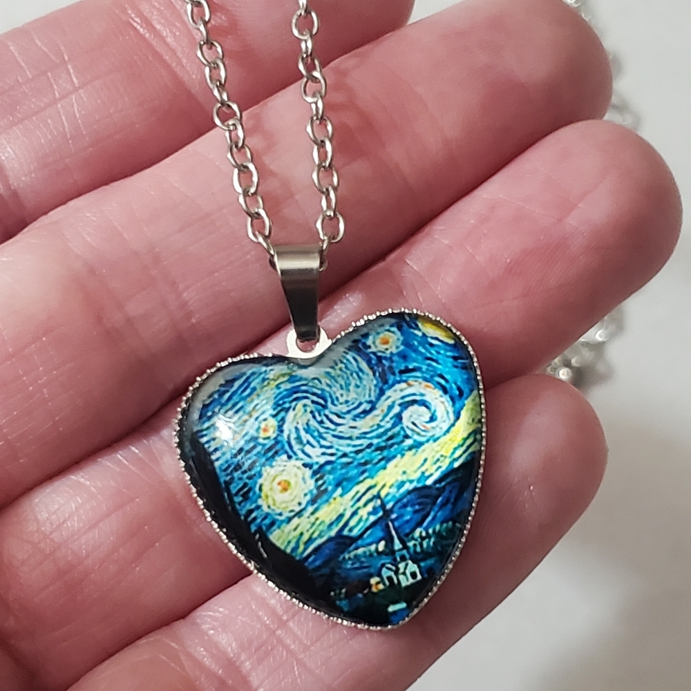 Starry nights van gogh heart necklace art painting silver chain New gift